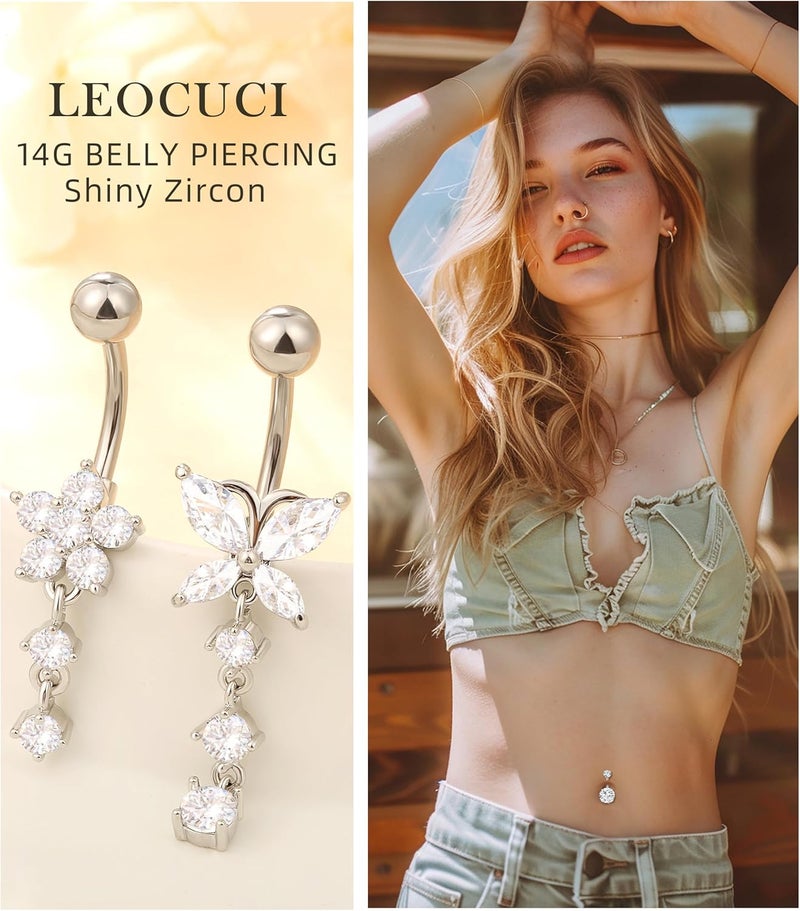 Leocuci Store Surgical Stainless Steel Dangle Belly Button Rings for Women Belly Ring Dangling Piercing Jewelry with Heart Flower Butterfly14G - Image 3